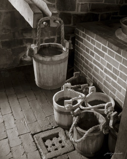picture of old buckets from Geo Washington's Distillery